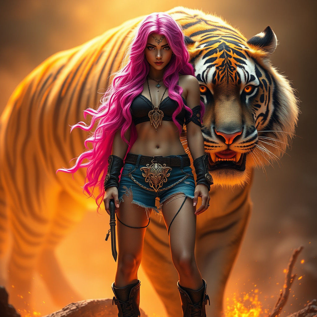 Majestic Female Warrior in Vibrant Pink Hair with Tiger Comp...