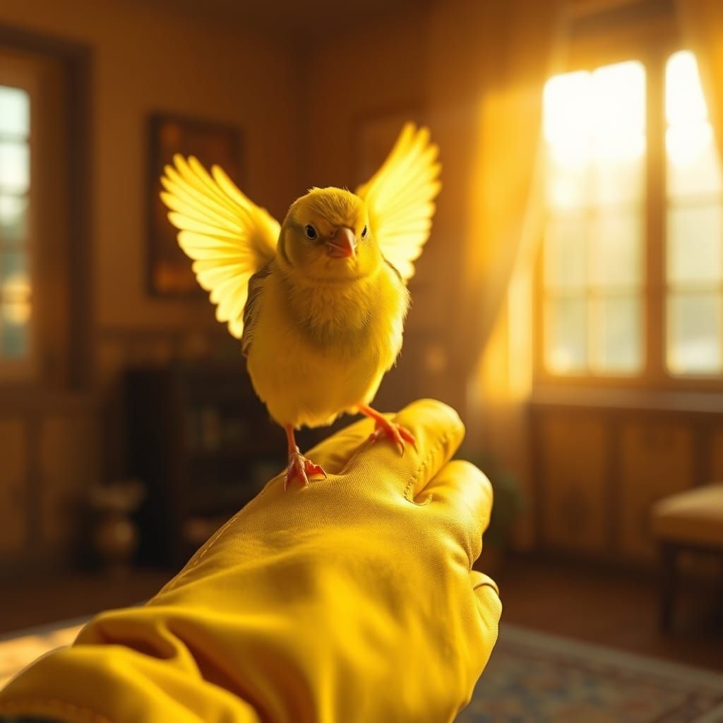 Vibrant Yellow Bird Lands on Golden Gloved Hand in Warm Sunl...