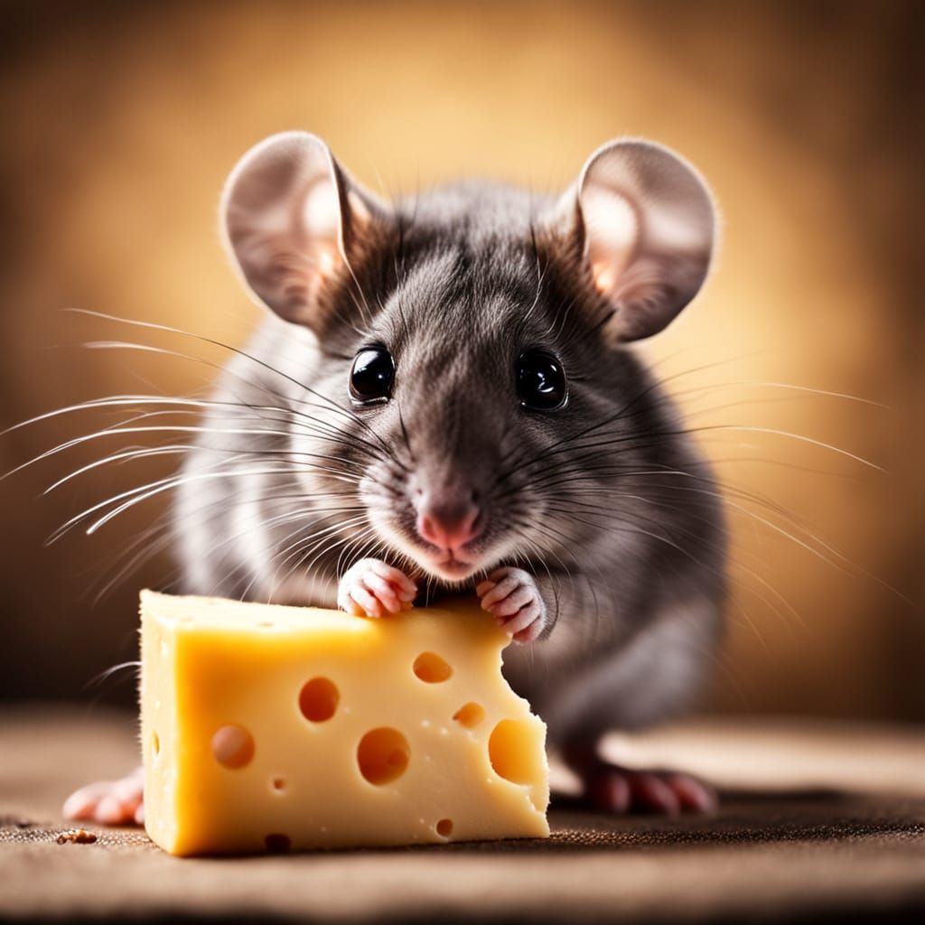 Cute Baby Mouse Holding Cheese: Macro Photography