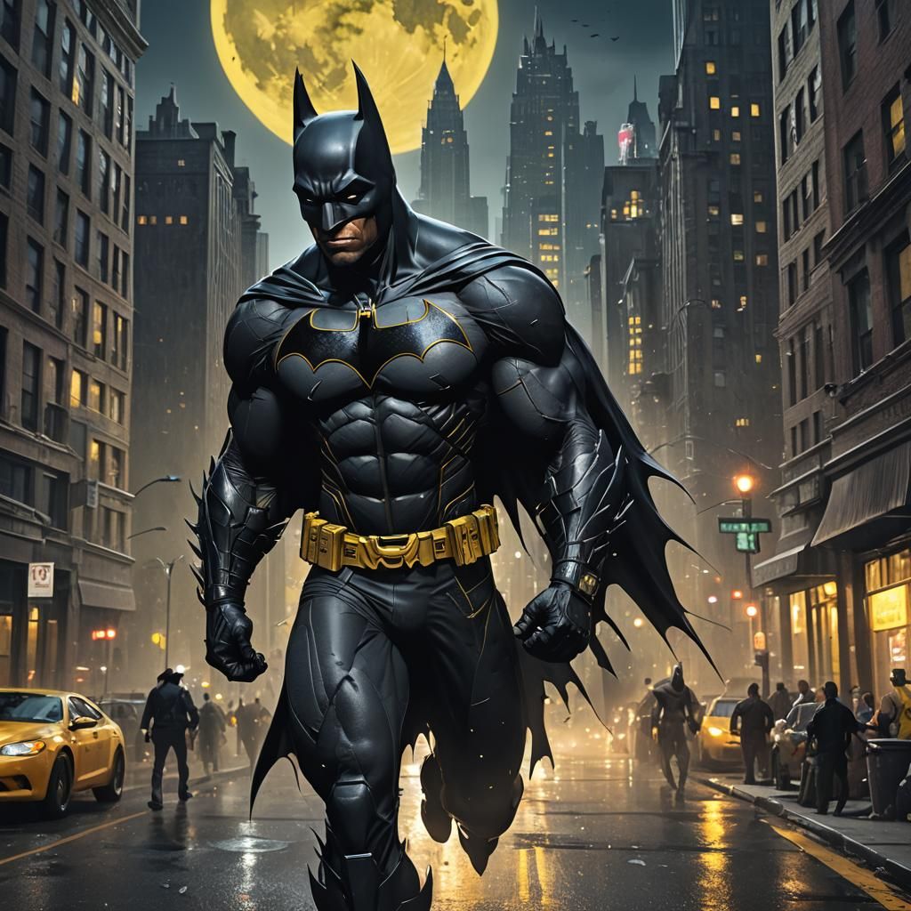 Mighty Dark Knight Stands Tall Under Gotham's Moonlit Sky