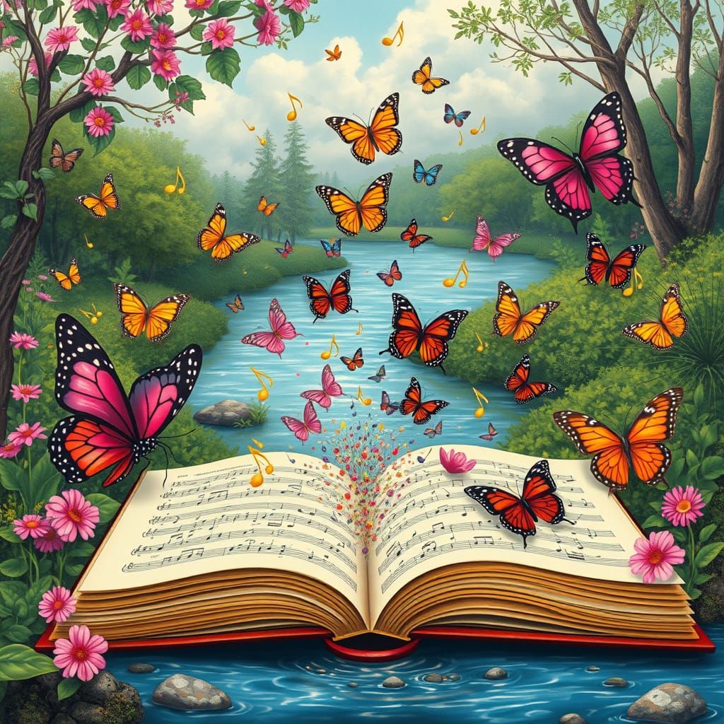 Butterflies and Music Erupting from Open Book