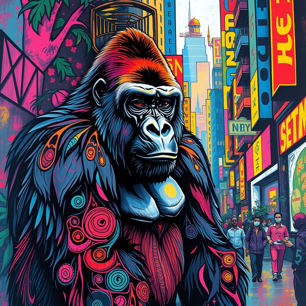 Vibrant Urban Gorilla in Swirling Textile Patterns