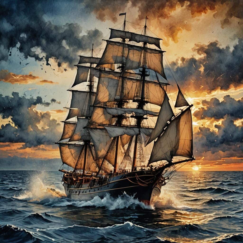 Vibrant Sunset Schooner in Abstract Expressionism Style