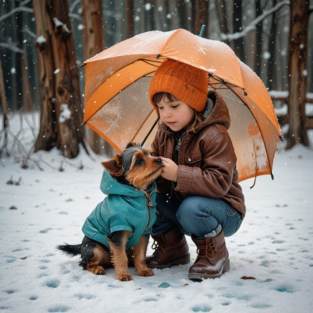 Child and Small Dog Share a Heartwarming Moment in Snowy Win...