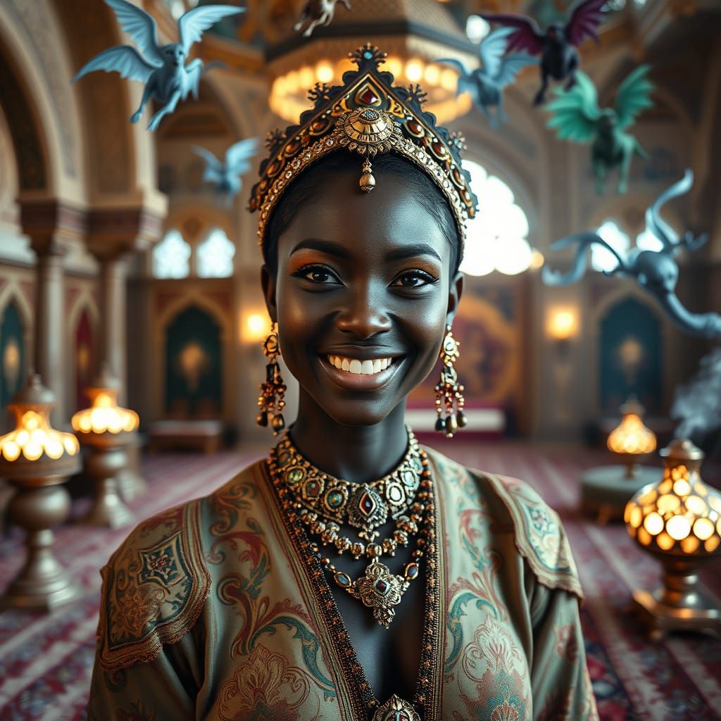 Futuristic Arabian-Inspired Portrait of a Smiling Black Woma...