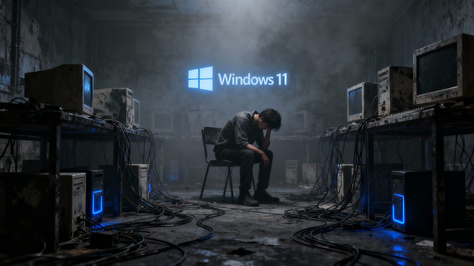 Tech Despair: Person Overwhelmed by Old Computers