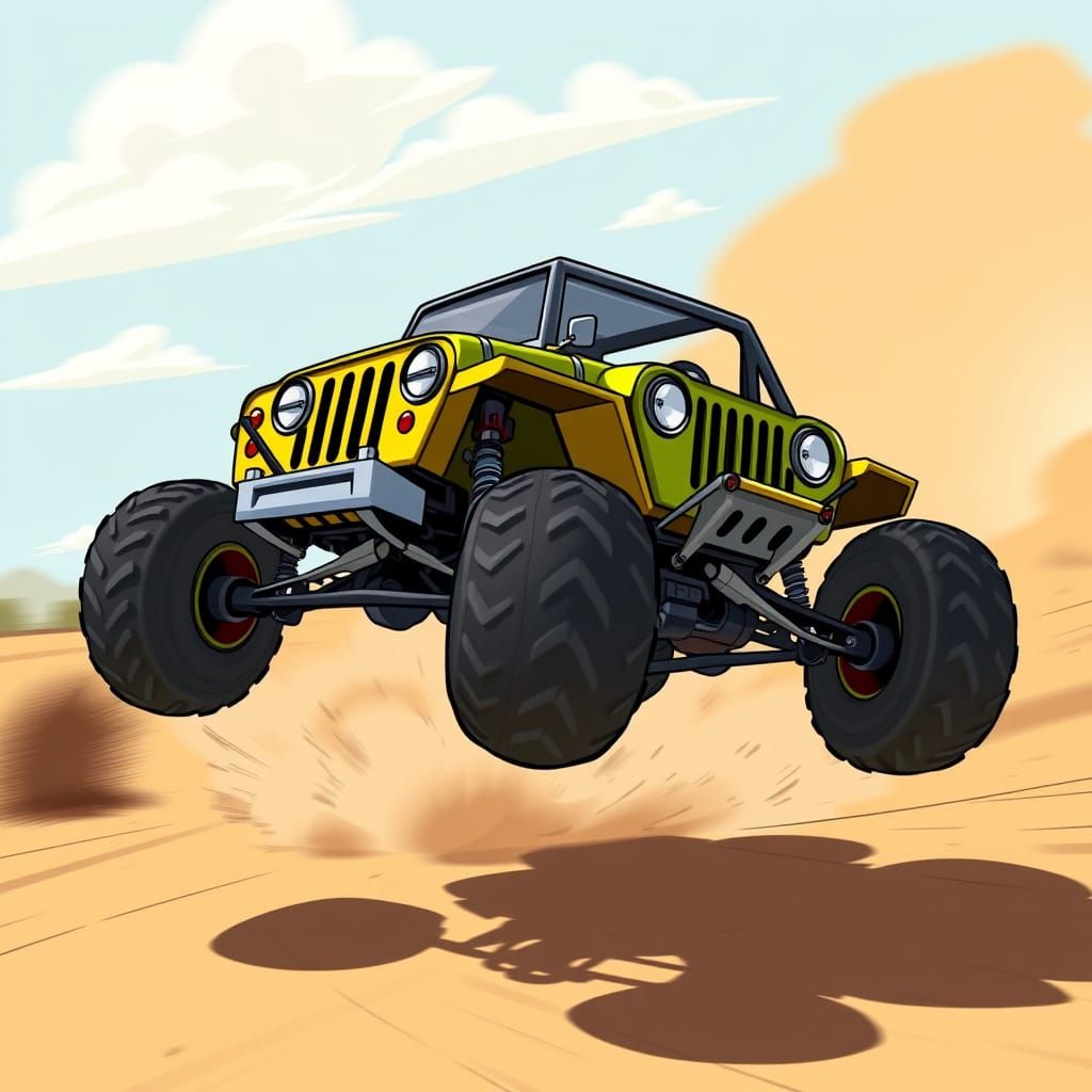 Exaggerated Cartoon Jeep in Mid-Air Jump