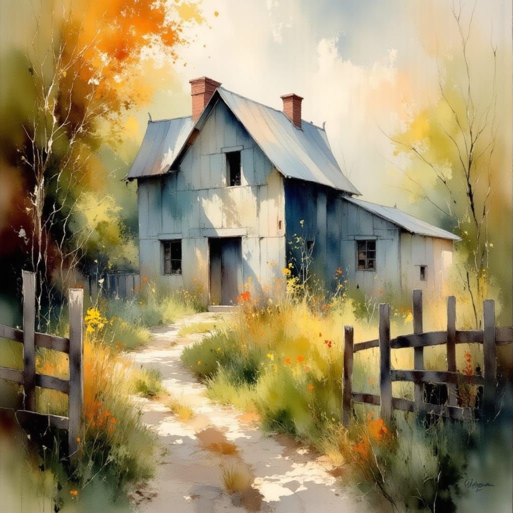 Autumn Country Road Oil Painting Gothic Barn