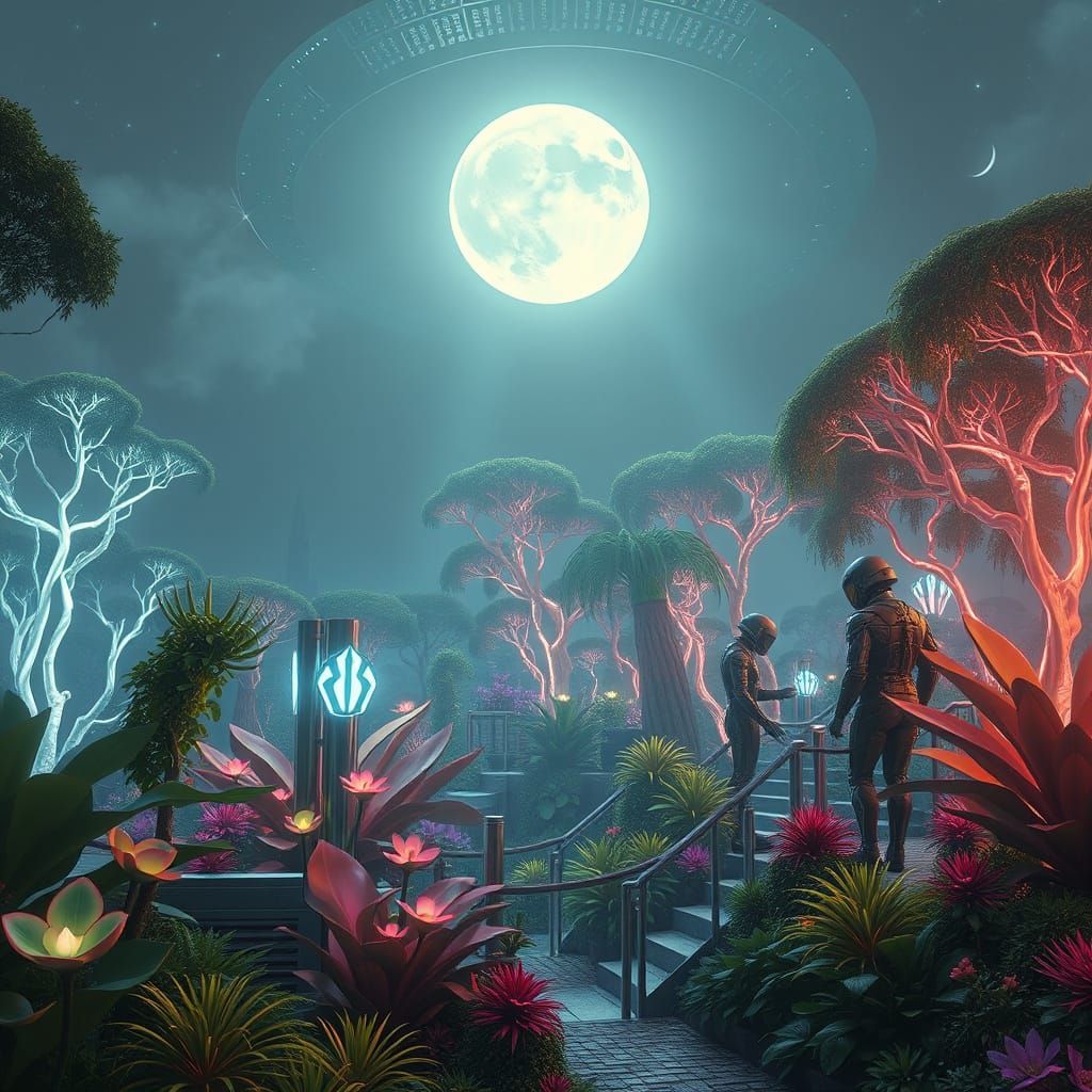 Bioluminescent Lunar Garden with Robotic Caretakers