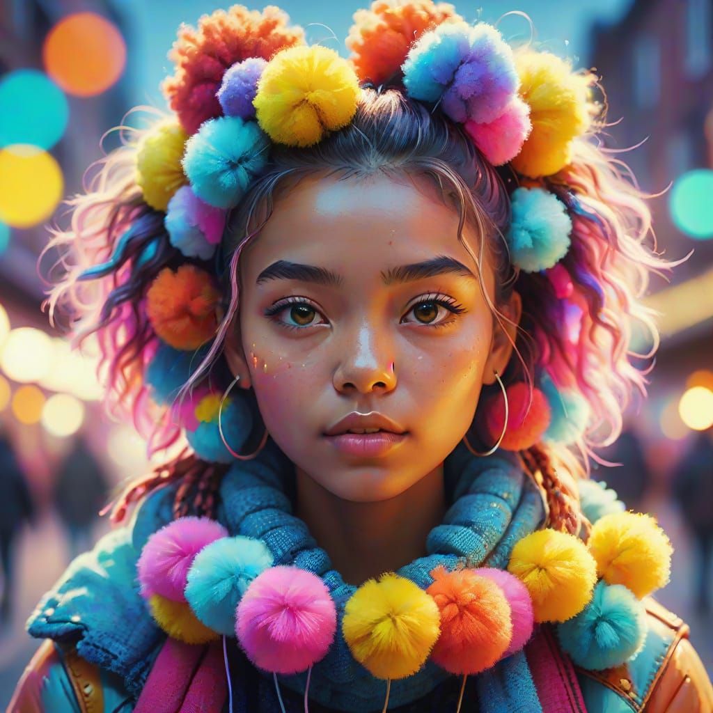 Colorful Pom-Poms Portrait in Vibrant Street Art Style
