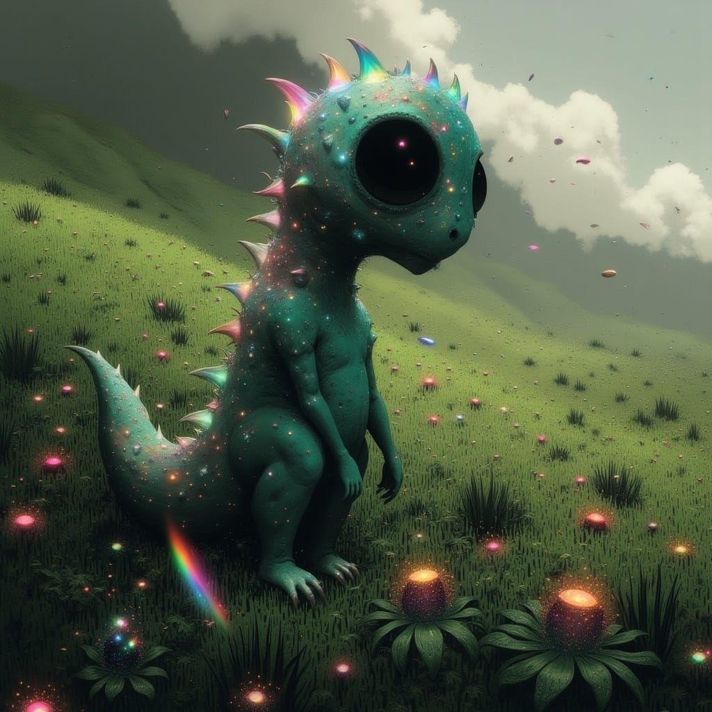 Gemstone-Encrusted Dinosaur in Vibrant Fantasy Landscape