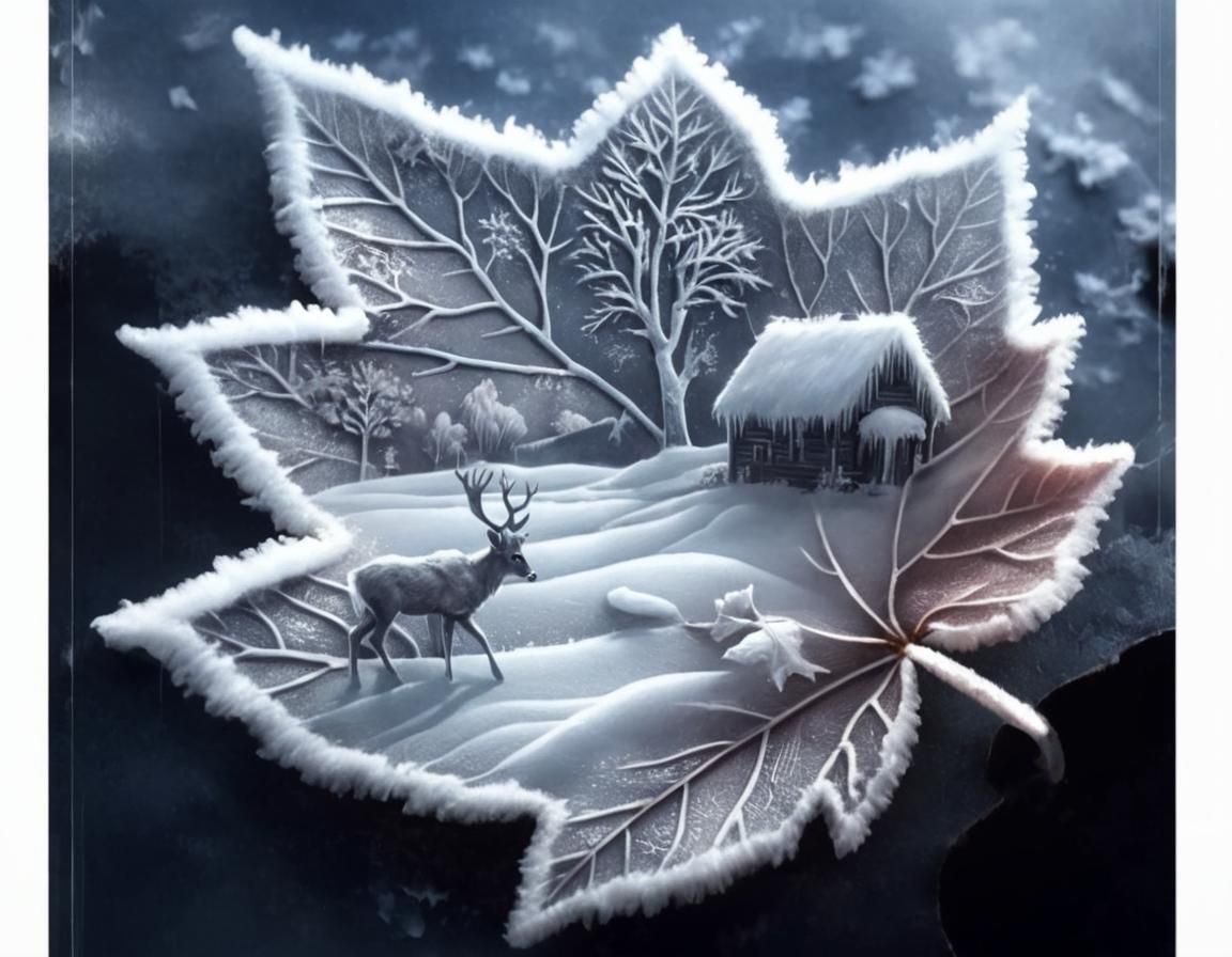 Surreal Watercolor Winter Wonderland with Grazing Deer and F...