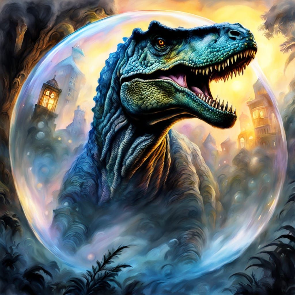 Dinosaur in Floating Bubble: Ethereal Charcoal Drawing