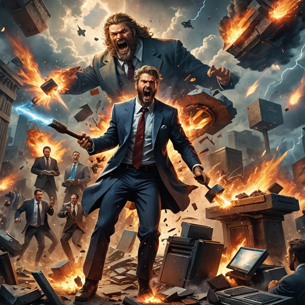 Rugged Hero Destroys Computer in Epic Fantasy Style