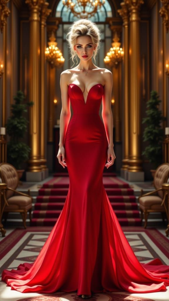 Woman in Scarlet Gown on Grand Staircase