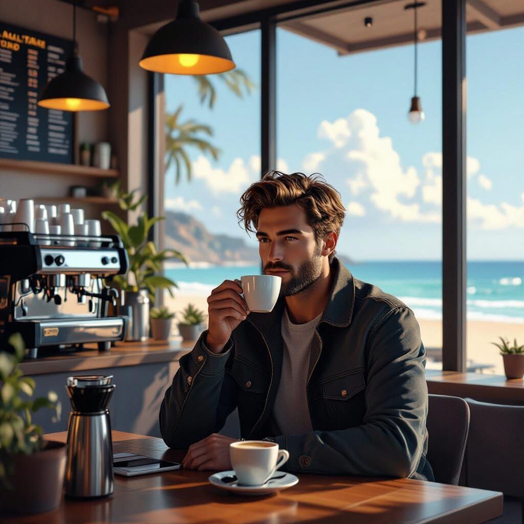 Coastal Coffee Shop Scene in Fantasy Art Style