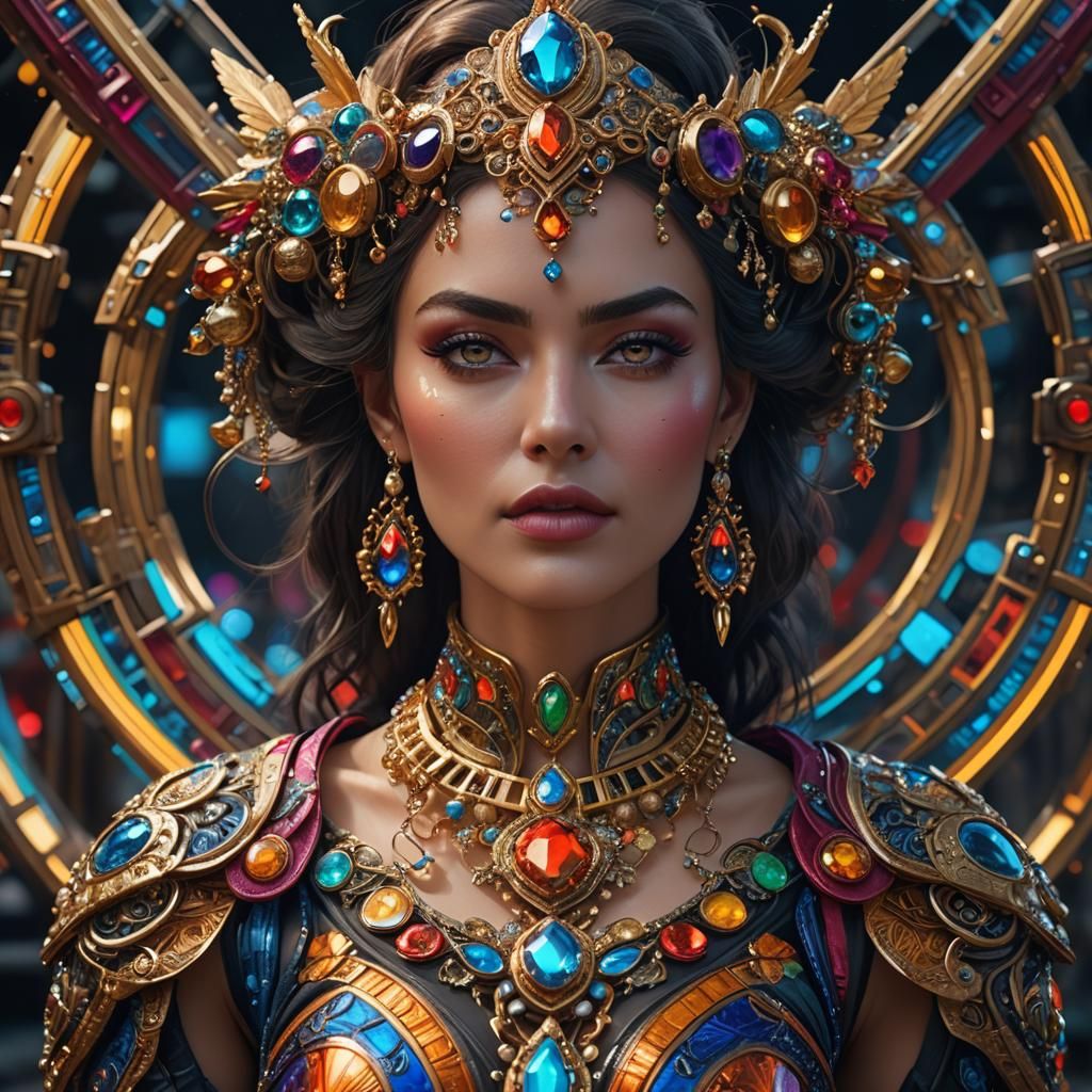 Extravagant Futuristic Goddess in Vibrant Attire
