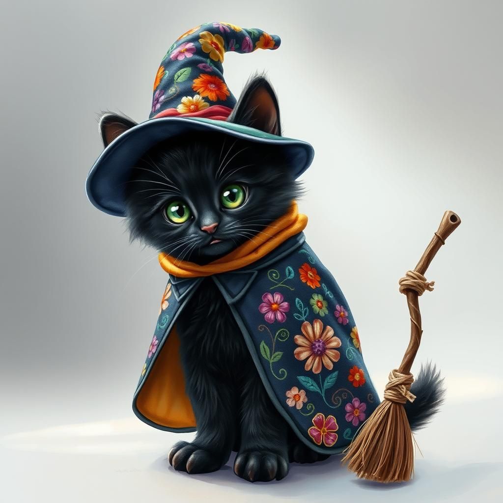 Whimsical Kitten in Rainbow Witch's Attire, Soft Gray Room