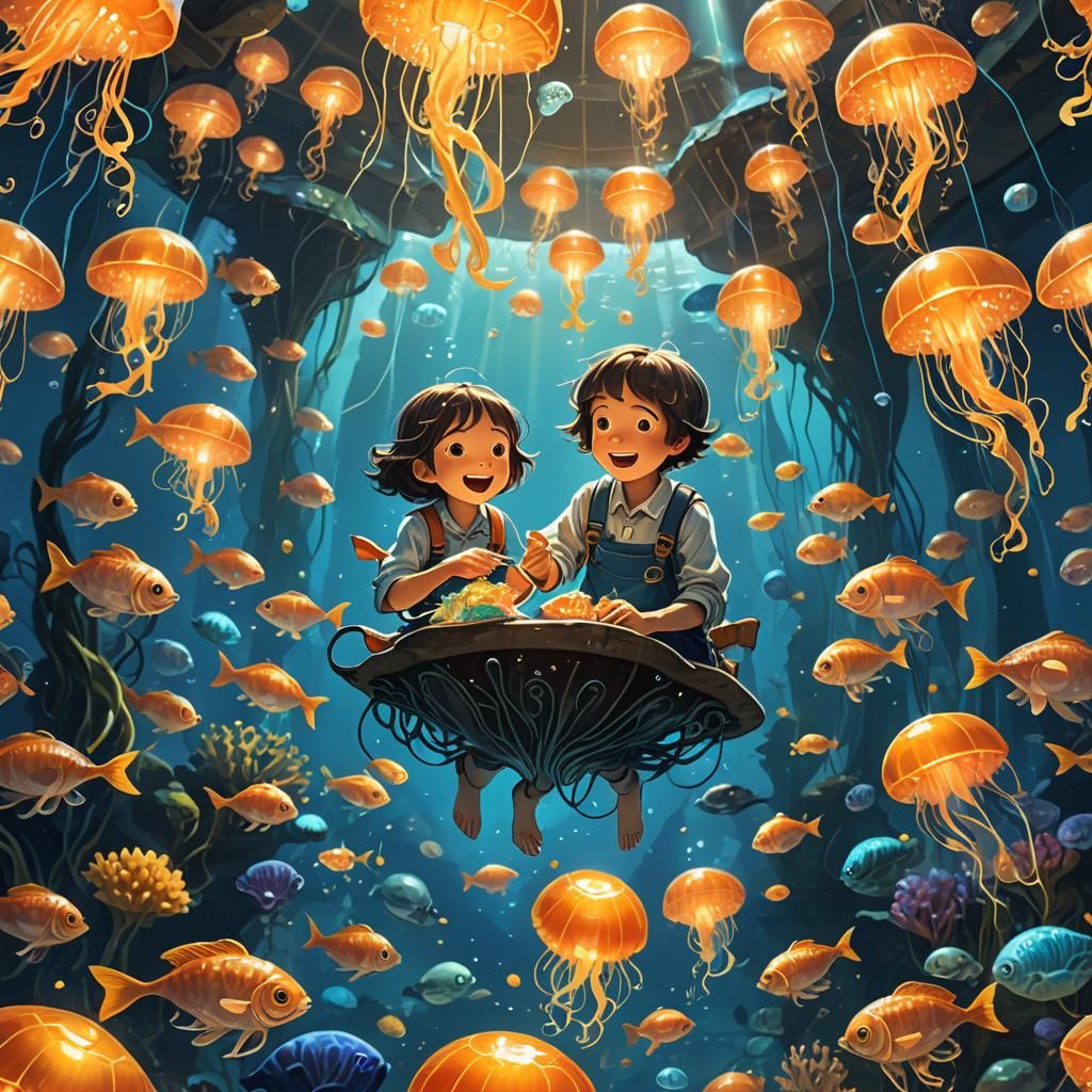 Whimsical Child Eats Fish in Enchanted Underwater Realm