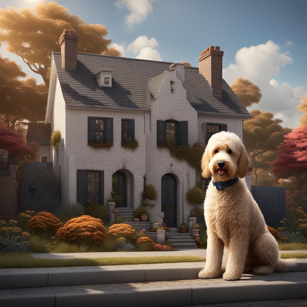 Surreal White Brick House Scene with a Large Goldendoodle