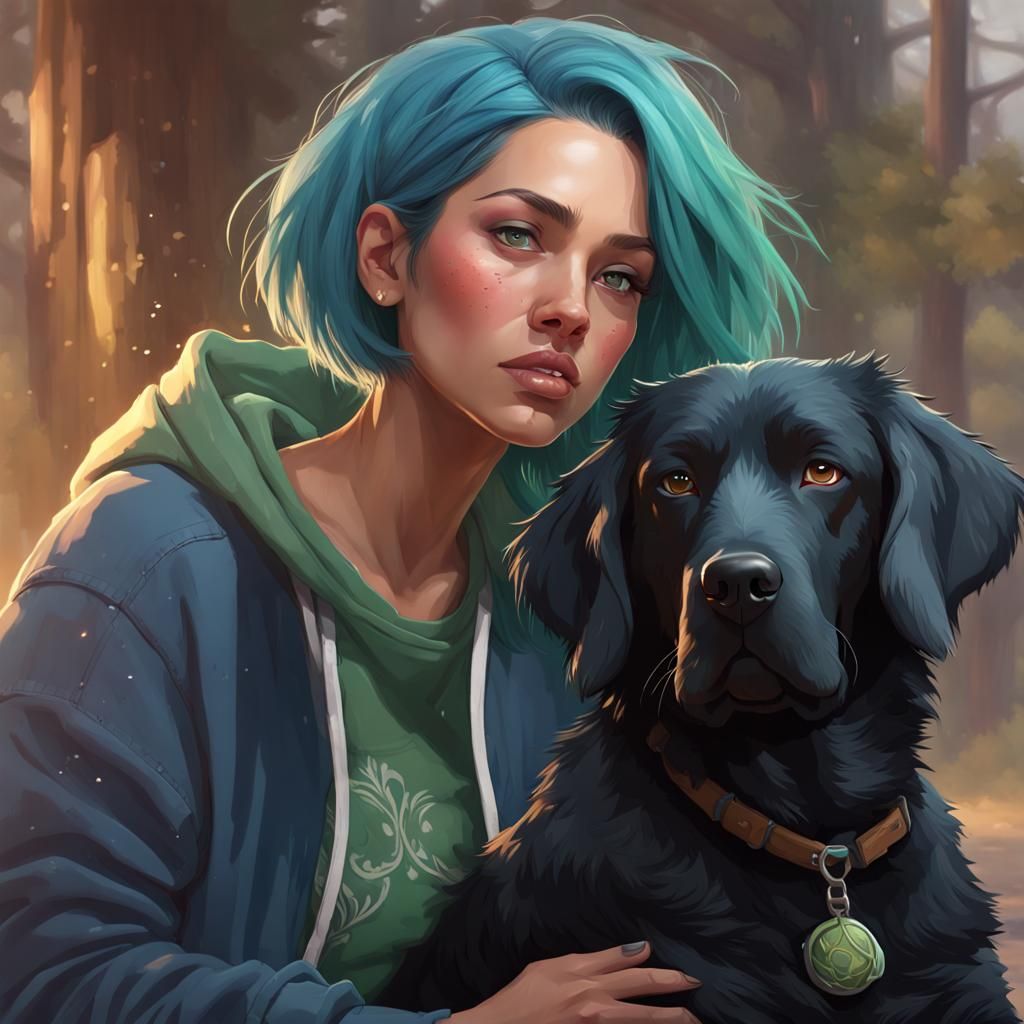 Girl with Turquoise Hair Riding Majestic Black Lab in Vibran...