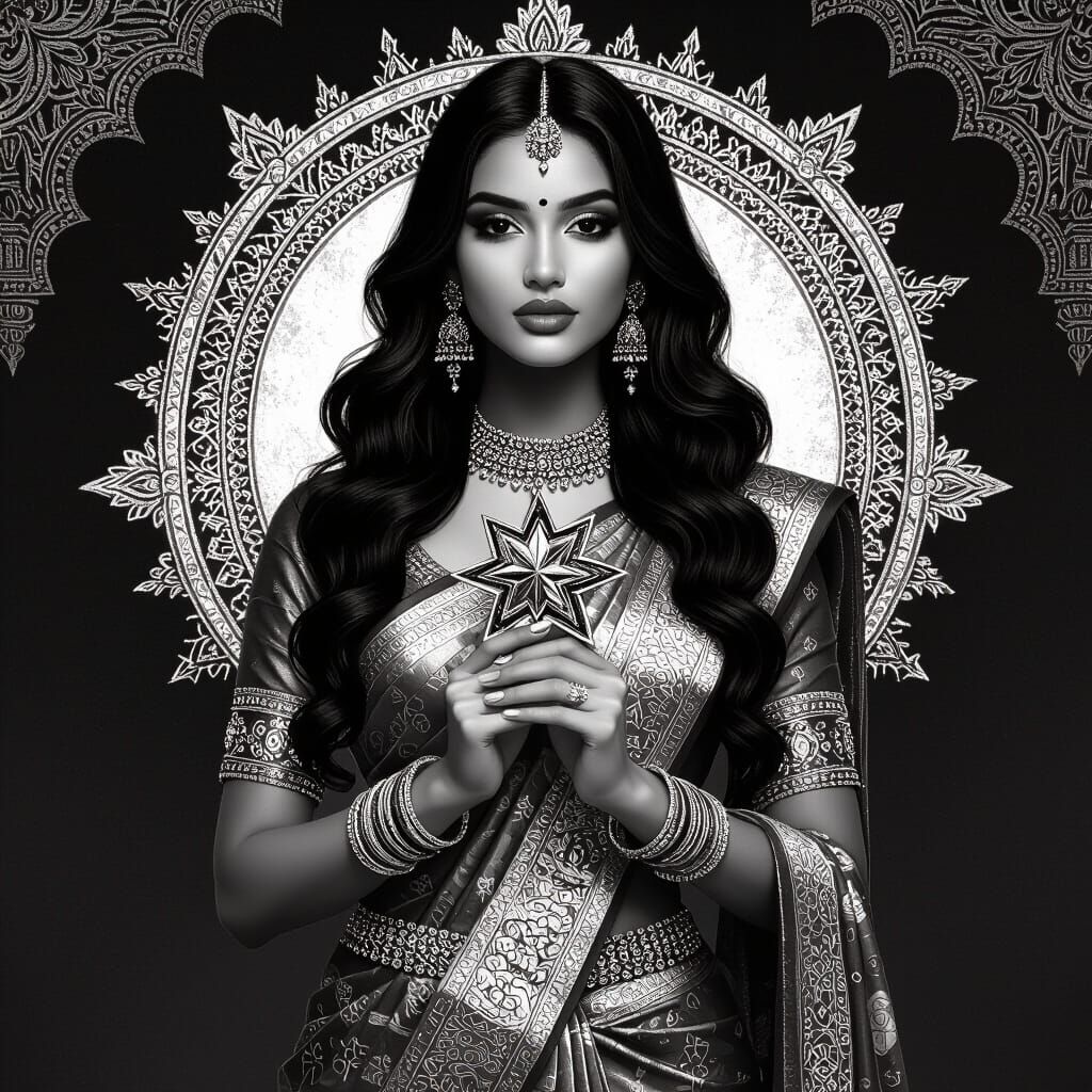 Beauty Queen in Sari, Black and White Sketch