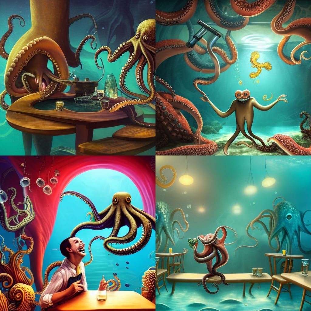 Gentleman Octopus Enjoys Cigarette in Underwater Cafe