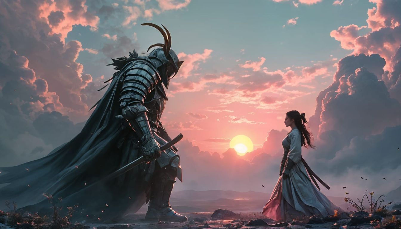 Epic Medieval Showdown: Samurai vs Knights in Sunset Glory