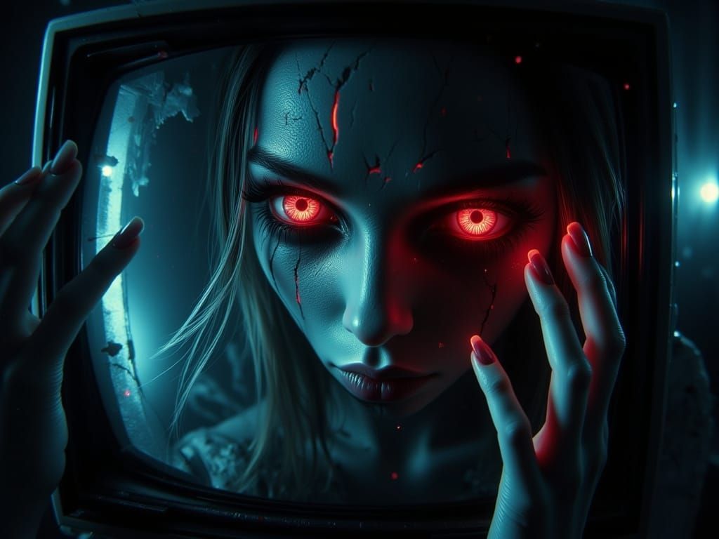 Woman Falls Into TV Screen in Dark Surrealist Style