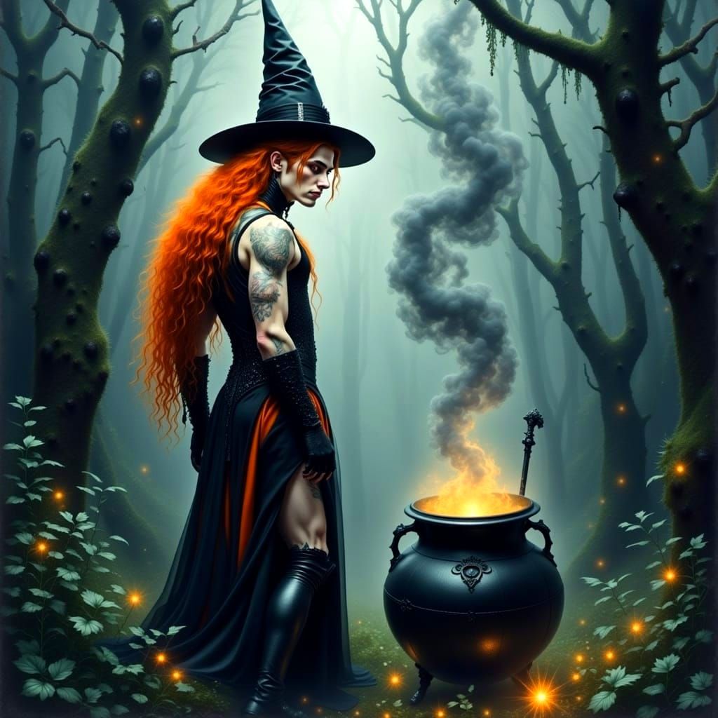 Ginger Witch Stands Tall in the Forest, Surrounded by Magic