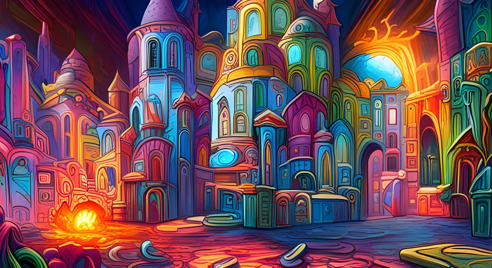 Psychedelic fantasy castle graffiti art, splash art, street art, spray paint, oil gouache melting, acrylic, high contras...