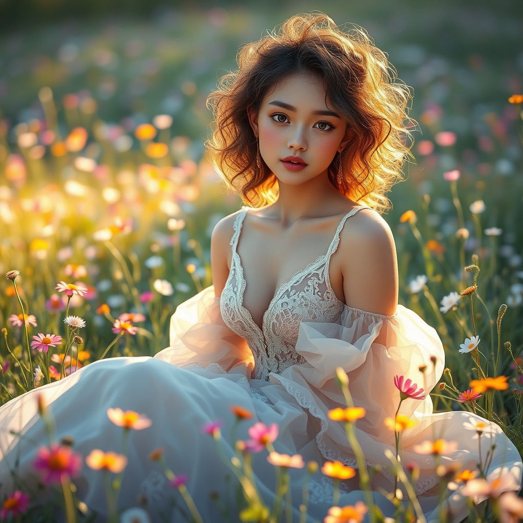 Ethereal Young Woman in Vibrant Sunlit Meadow