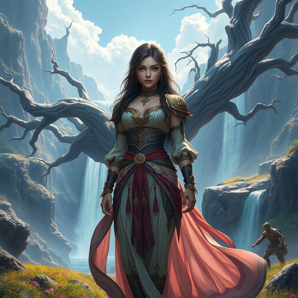Elegant Woman in Dreamlike Landscape with Ancient Tree and W...