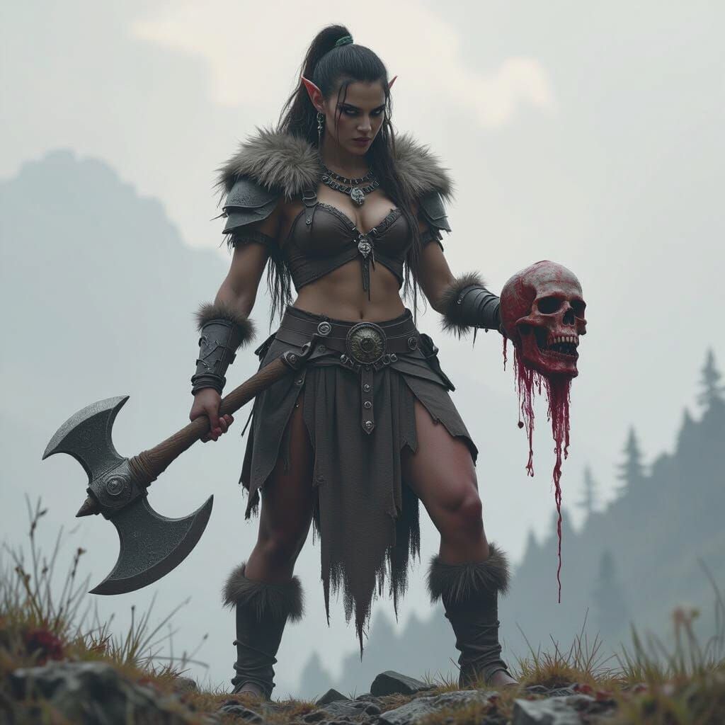 Female Troll Warlord With Axe and Severed Head