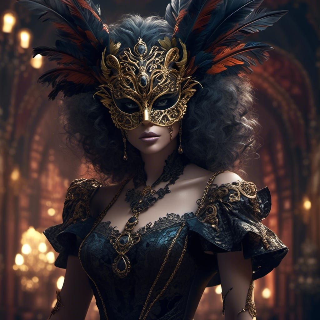 Elegant Masquerade Outfit with Avian Mask and Chain