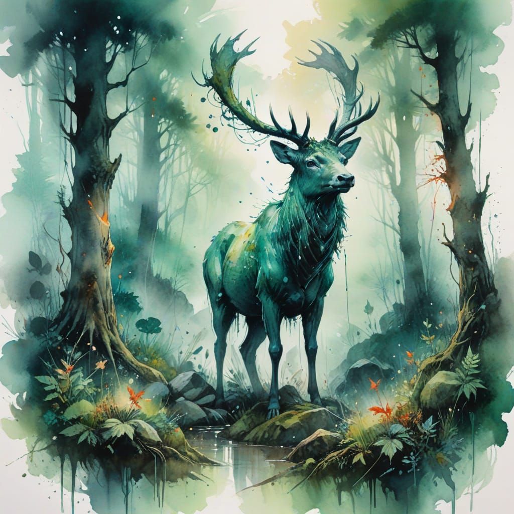 Mystical Emerald Forest Stone Circle with Solitary Stag Guar...