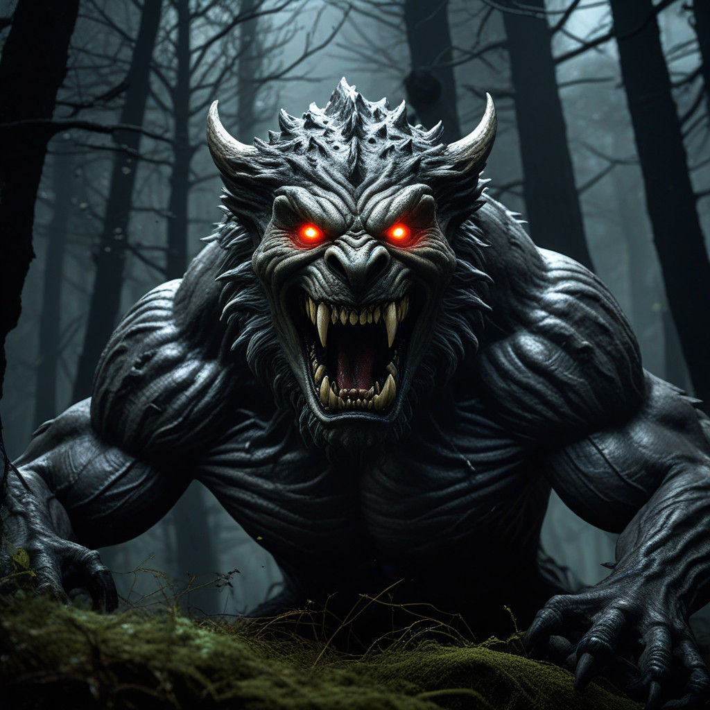 Fearsome Dark Fantasy Monster in Ominous Forest Lighting