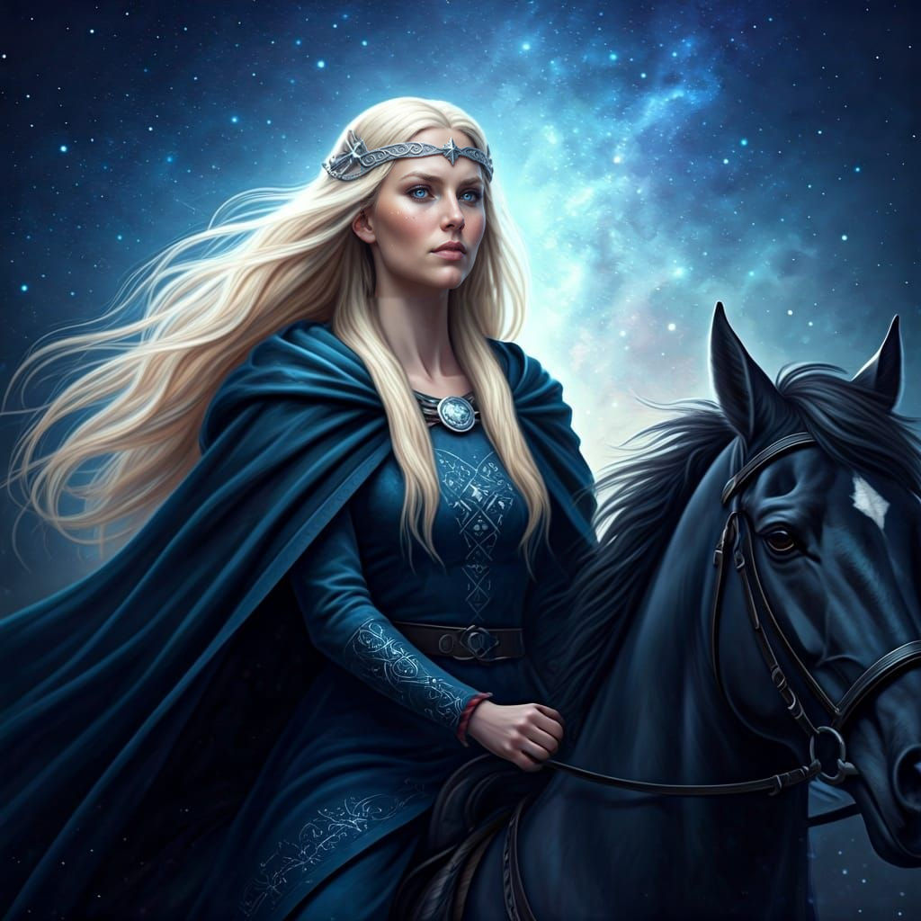 Viking Goddess Nótt in Starry Night Sky