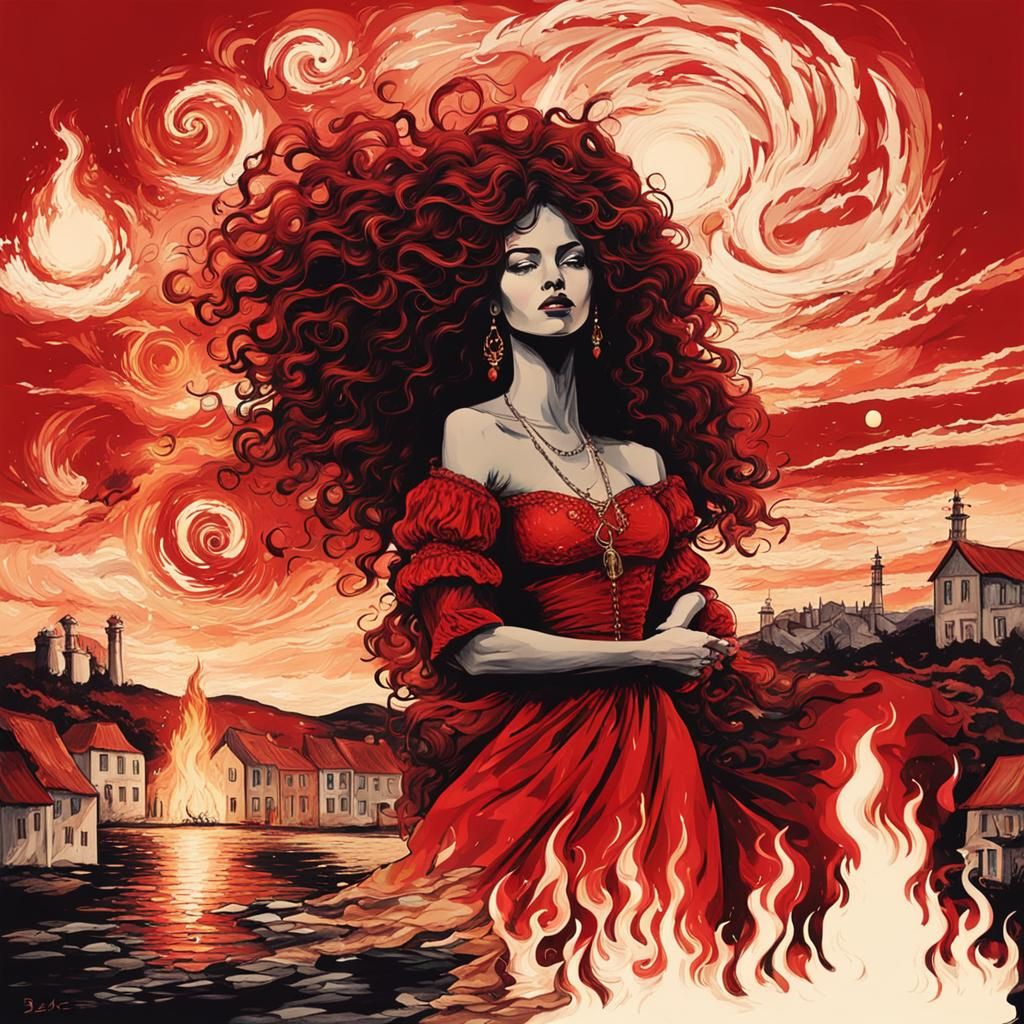 Gypsy Woman Holding Flame in Fiery Town