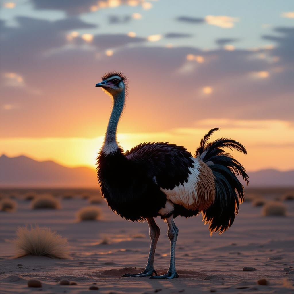 Melancholic Ostrich in Twilight Desert Landscape