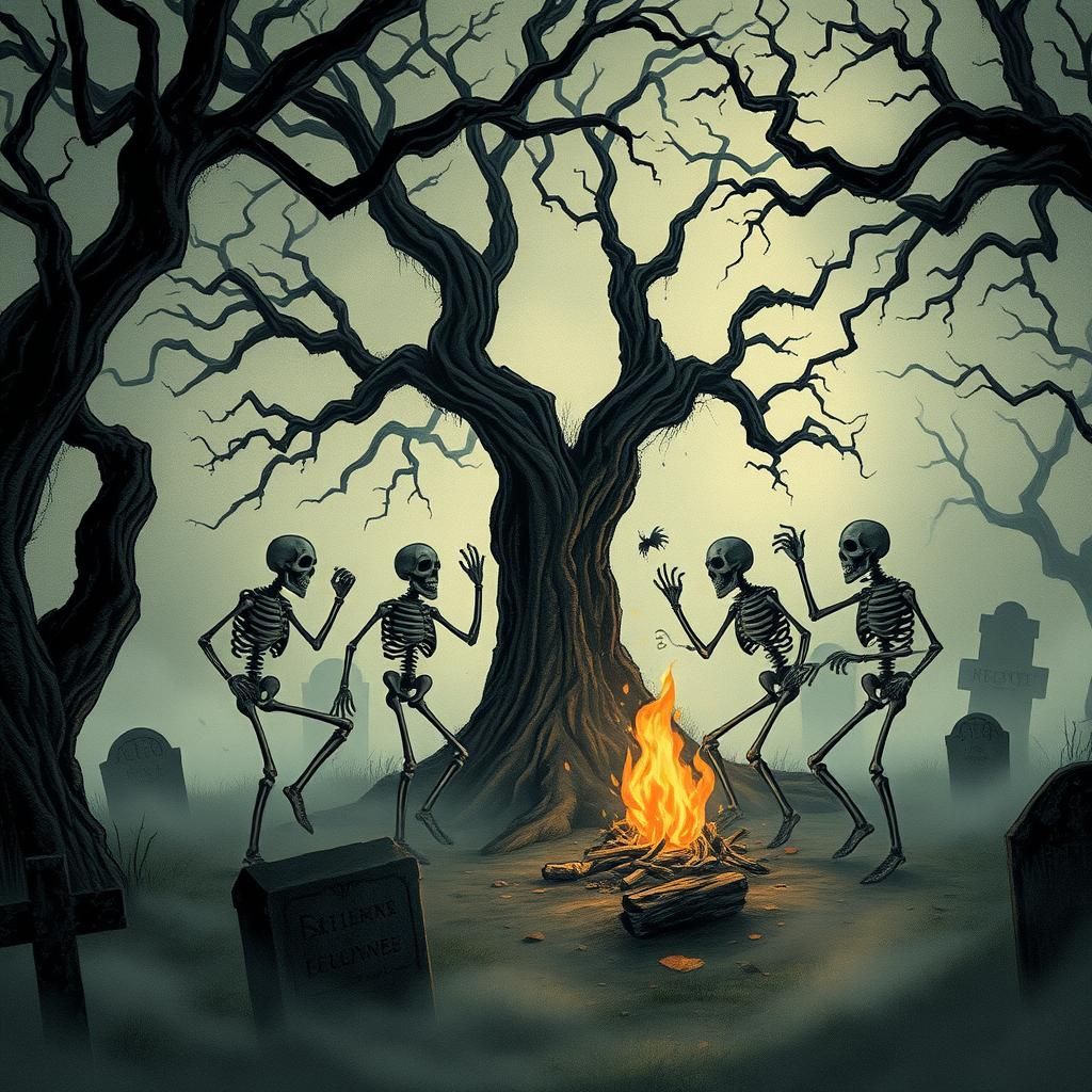 Macabre Skeletons Dance Amidst a Haunting, Mist-Shrouded Gra...