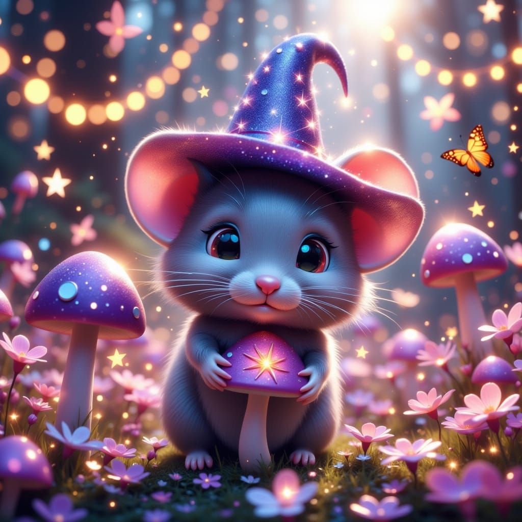 Whimsical Mouse Wizard with Mushroom in Enchanted Garden