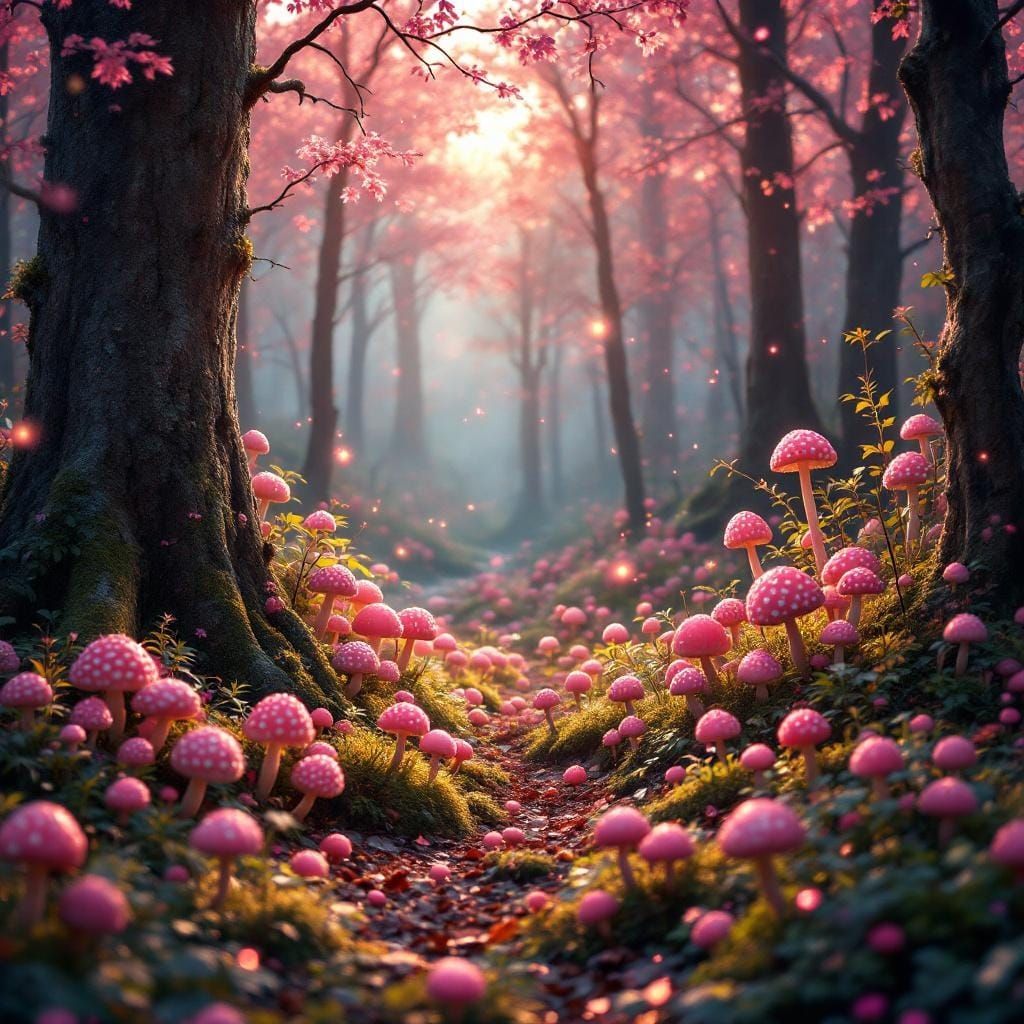 Enchanting Forest of Pink Pom Pom Mushrooms