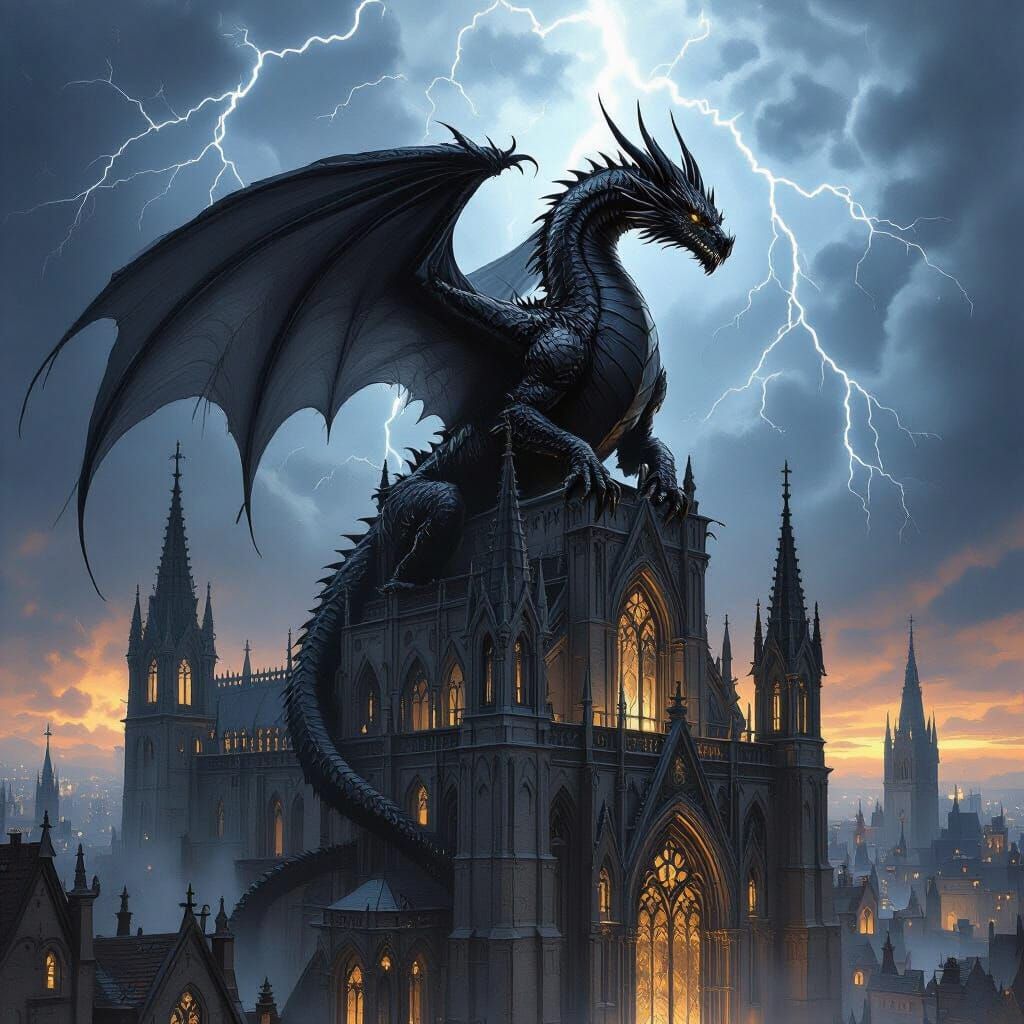 Black Dragon on Gothic Cathedral in Dark Fantasy Style