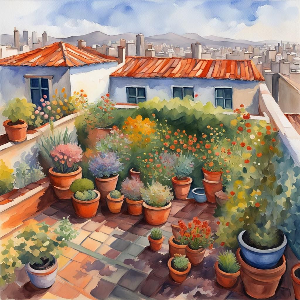 Epic Maximalist Impressionist Rooftop Garden Masterpiece in....