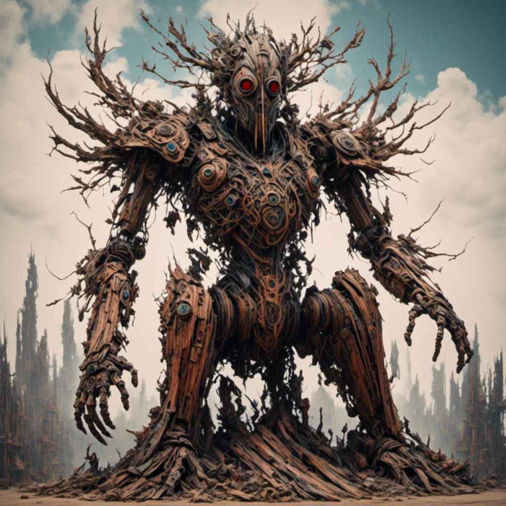 Wooden Cyberpunk Golem in Dynamic Isometric Pose