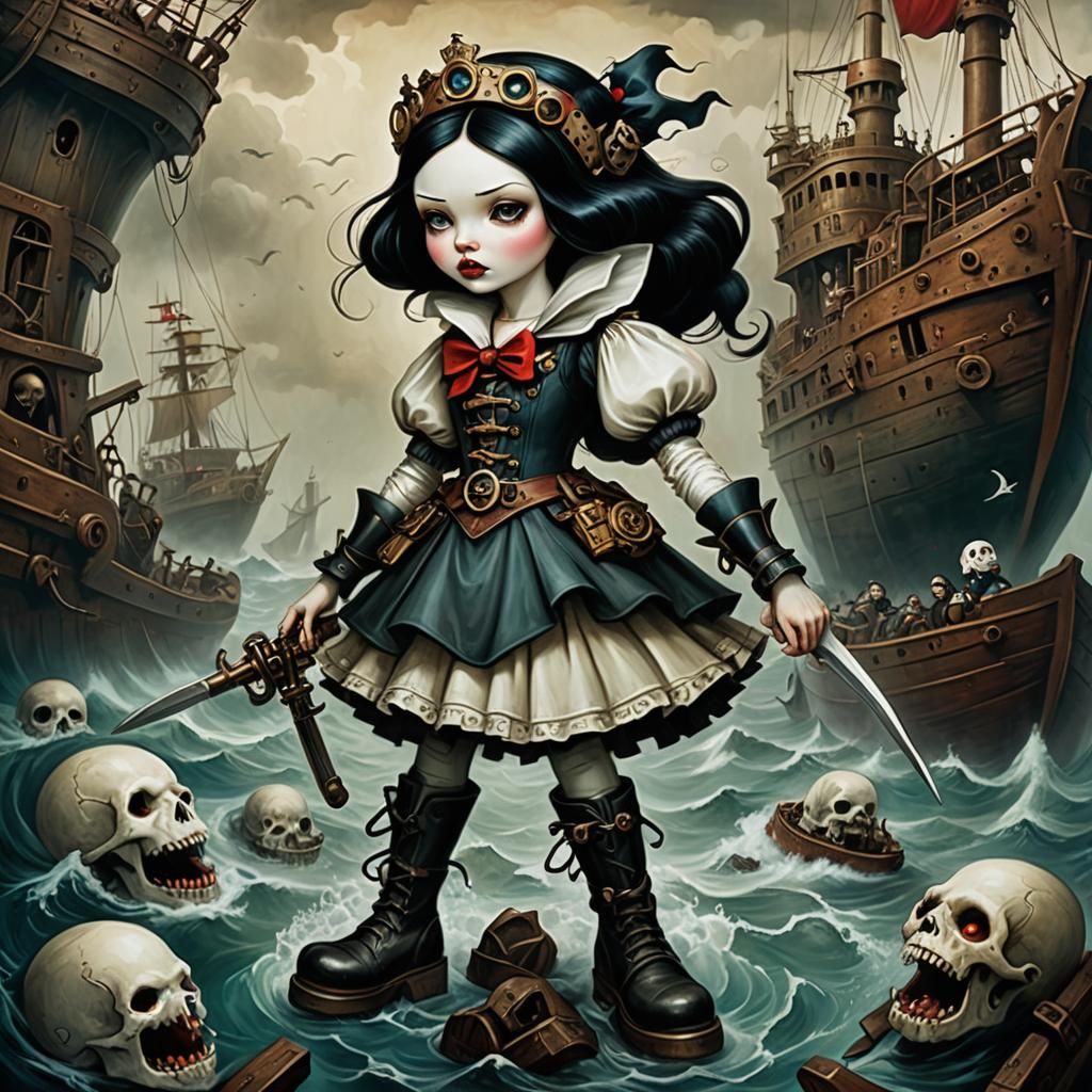 Steampunk Snow White in a Shipwreck, Unleashing Gothic Fury