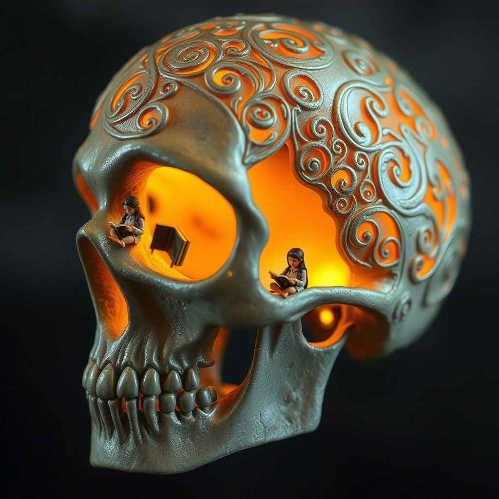 Realistic Skull with Intricate Filigree and Miniature Bookwo...