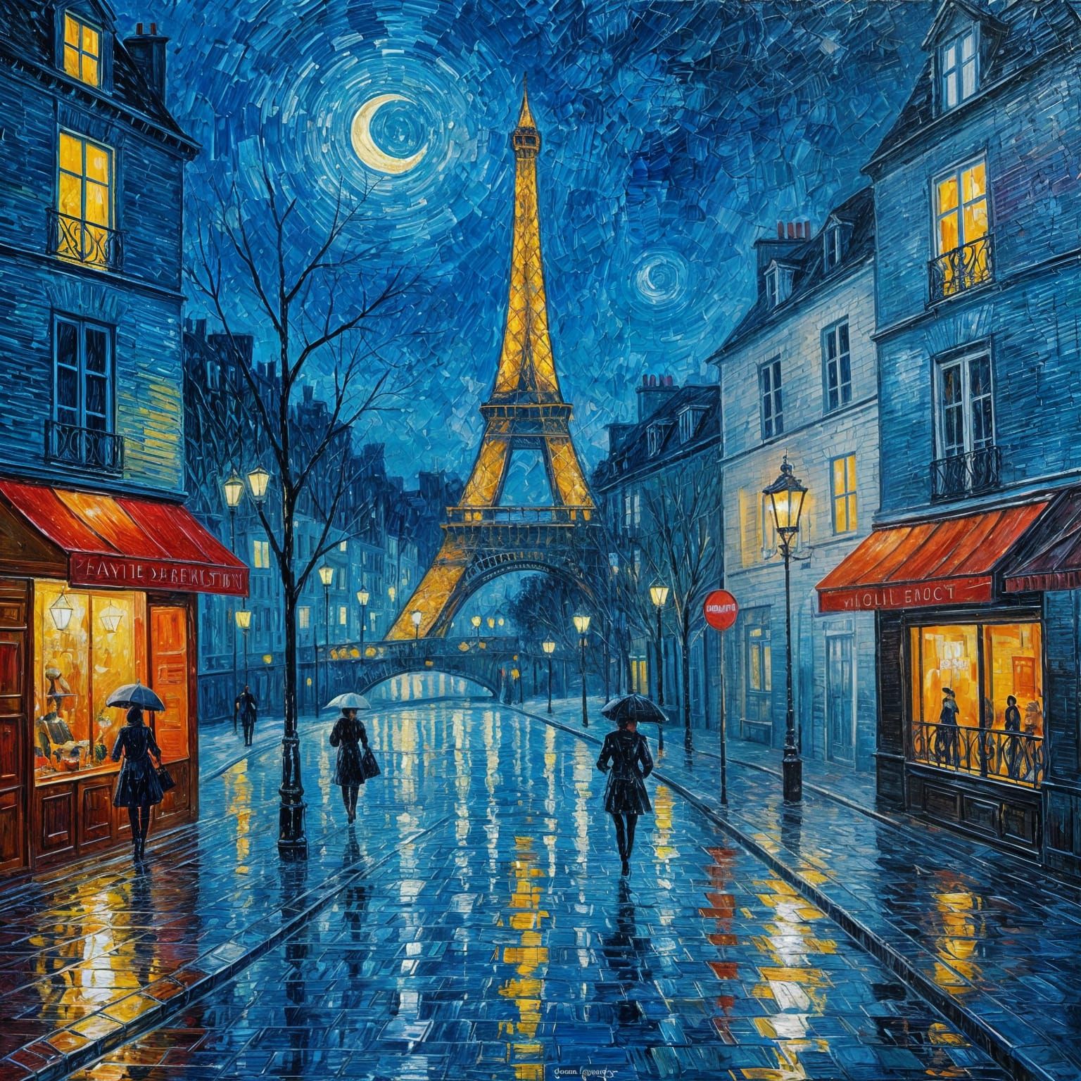 Rainy Parisian Street Scene in Neo-Impressionist Style