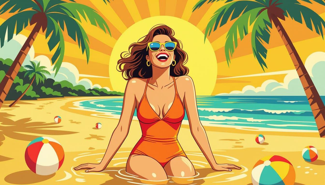 Woman Laughing on Sunny Australian Beach in 70s Cartoon Styl...